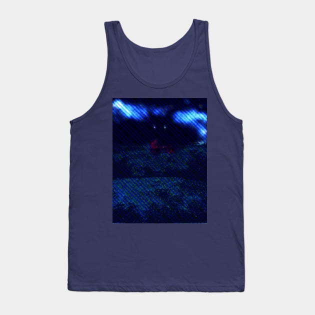Digital collage and special processing. I am standing in field, and big, dark monster looking on me. Red and blue, dotted blue lines. Tank Top by 234TeeUser234